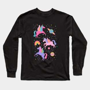 Space Unicorns - Neon Rainbow on Black Long Sleeve T-Shirt